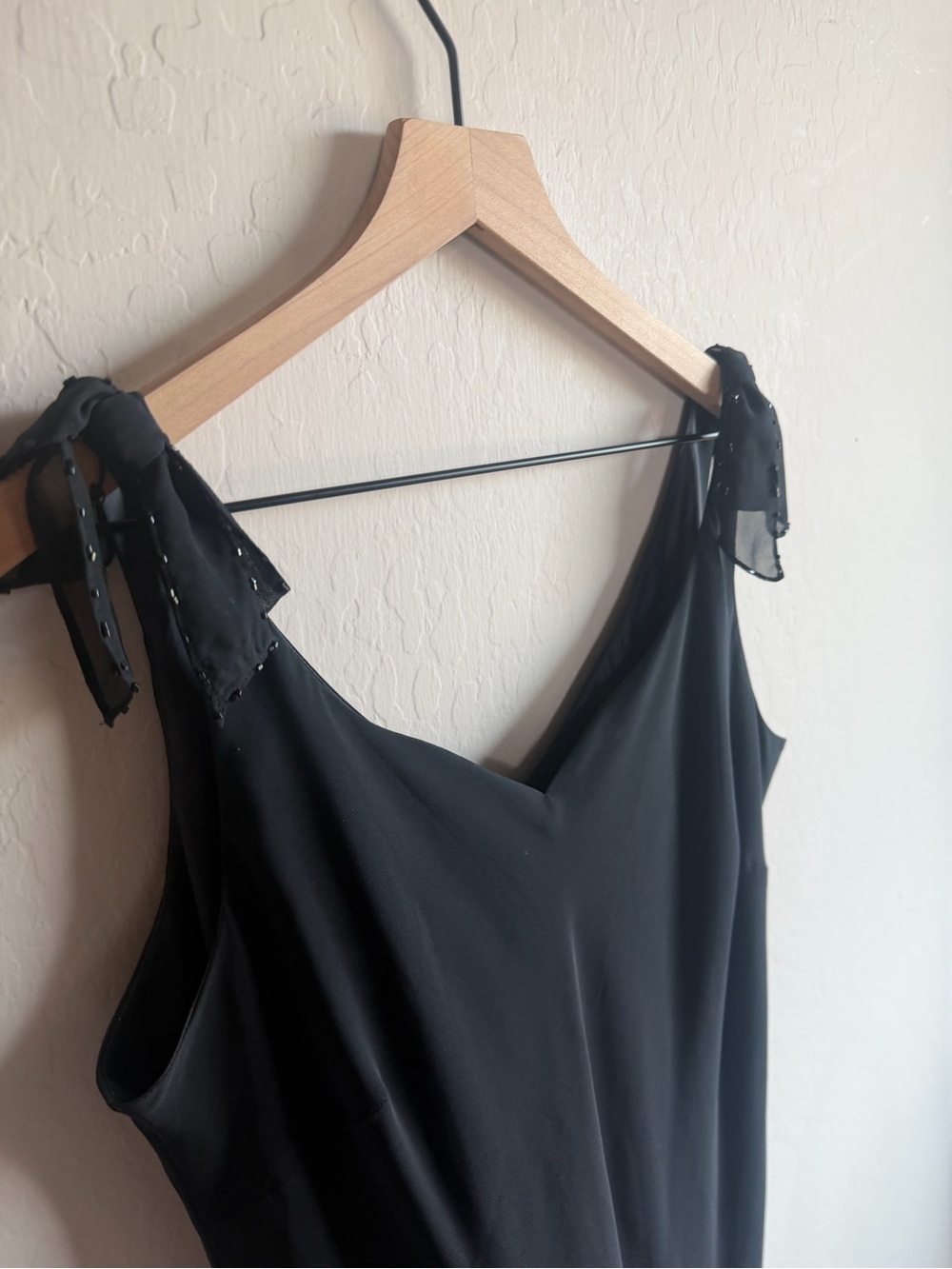 VTG Evan Picone Black Tie Shoulder Slip Dress 16 Chiffon Beaded Glam Flowy - Picture 3 of 8